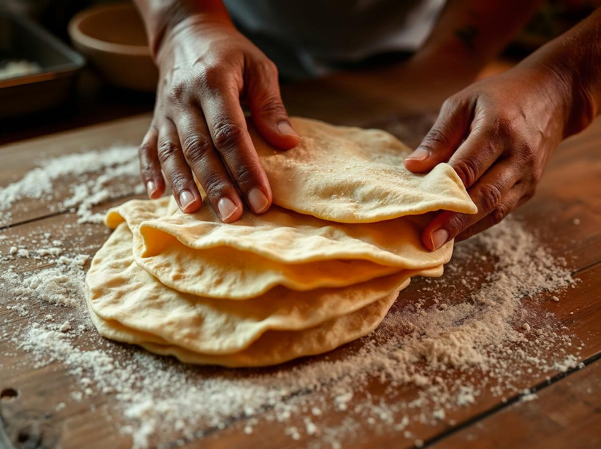 Handmade corn tortillas being pressed